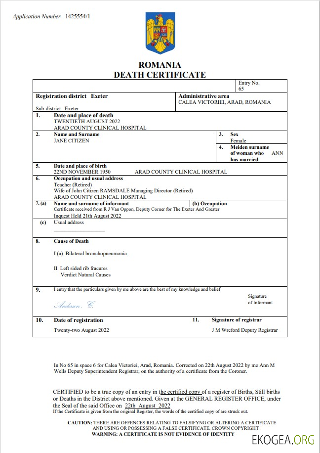Modèle Word et PDF de certificat de décès de l'état civil de la Roumanie